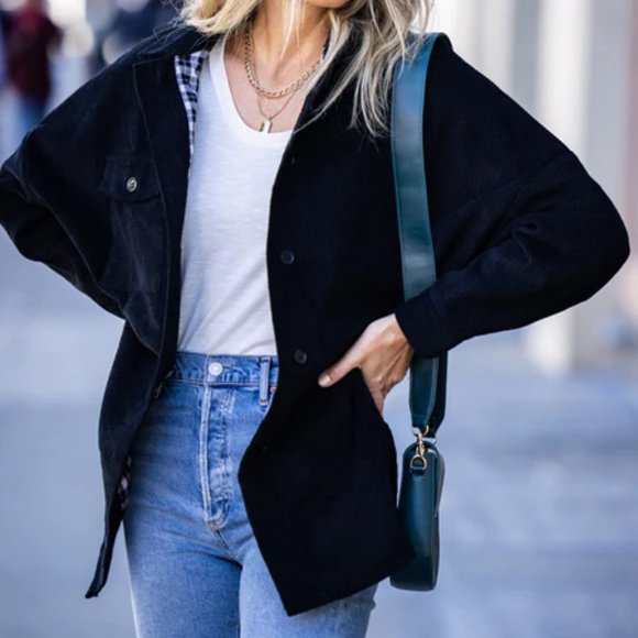 Plaid Lined Corduroy Shacket - BLACK / Large / NWOT - Picture 2 of 15